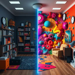 A visually striking and imaginative escape room scene that creatively depicts themes of OCD (Obsessive-Compulsive Disorder) and bipolar disorder, without any words