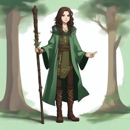 A high-definition full-body digital art image features a smiling teenage female druid with long, slightly curly dark brown hair and brown eyes