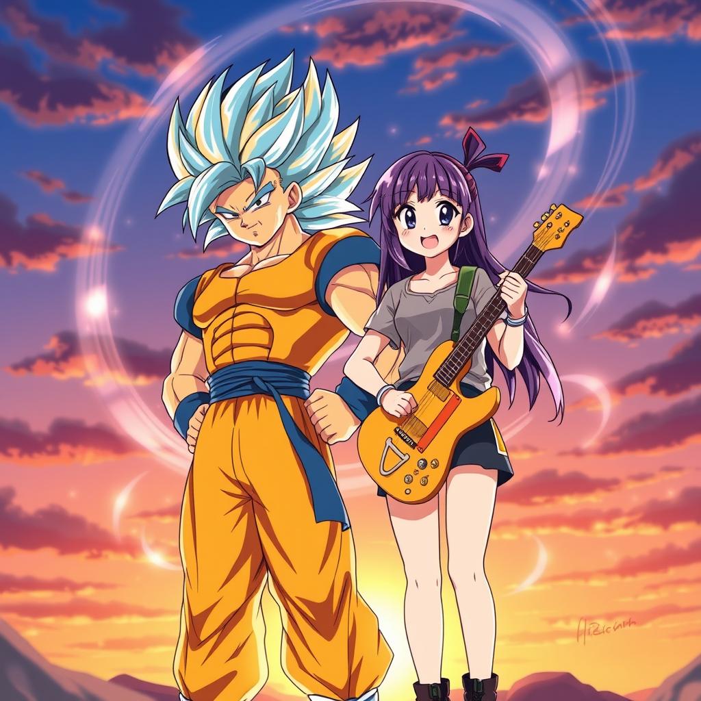 An illustration featuring Gogeta, the powerful fusion character from Dragon Ball, standing confidently next to Hitori Gotoh from the anime 'Bocchi the Rock'