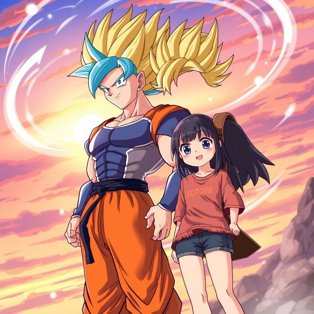 An illustration featuring Gogeta, the powerful fusion character from Dragon Ball, standing confidently next to Hitori Gotoh from the anime 'Bocchi the Rock'