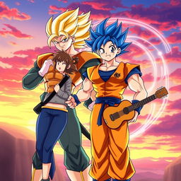 An illustration featuring Gogeta, the powerful fusion character from Dragon Ball, standing confidently next to Hitori Gotoh from the anime 'Bocchi the Rock'
