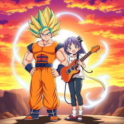 An illustration featuring Gogeta, the powerful fusion character from Dragon Ball, standing confidently next to Hitori Gotoh from the anime 'Bocchi the Rock'