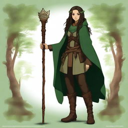 A high-definition full-body digital art image features a smiling teenage female druid with long, slightly curly dark brown hair and brown eyes