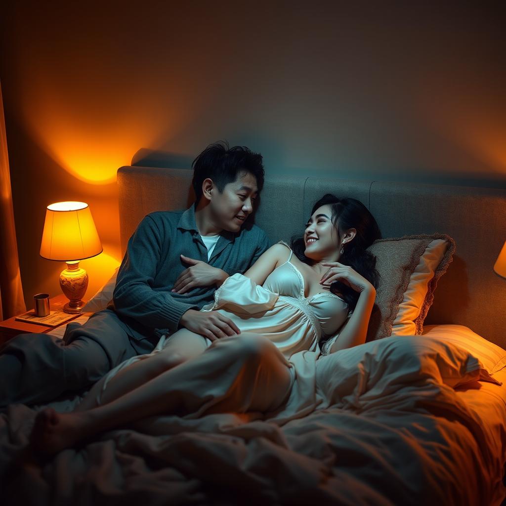 An intimate nighttime scene in a softly lit bedroom, featuring a poor young Chinese man dressed in ragged clothes, lying on the bed while embracing his beautiful wife