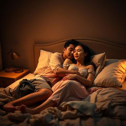 An intimate nighttime scene in a softly lit bedroom, featuring a poor young Chinese man dressed in ragged clothes, lying on the bed while embracing his beautiful wife