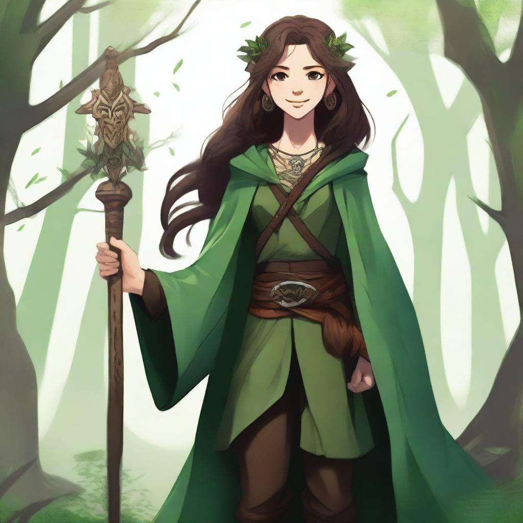 A high-definition full-body digital art image features a smiling teenage female druid with long, slightly curly dark brown hair and brown eyes