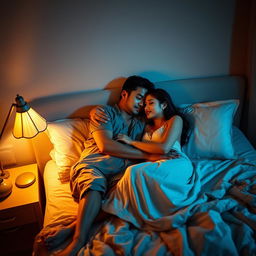 An intimate nighttime scene in a softly lit bedroom, featuring a poor young Chinese man dressed in ragged clothes, lying on the bed while embracing his beautiful wife