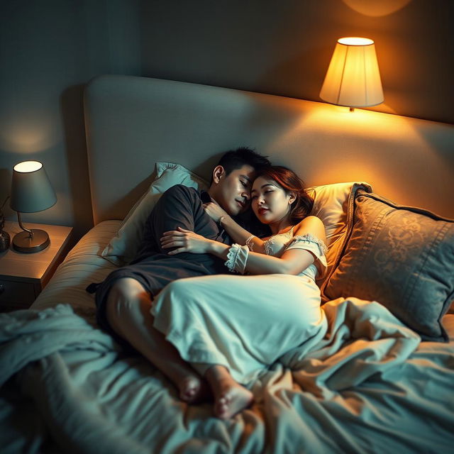 An intimate nighttime scene in a softly lit bedroom, featuring a poor young Chinese man dressed in ragged clothes, lying on the bed while embracing his beautiful wife