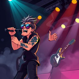 A vibrant cartoon scene featuring a rock singer and guitarist on stage