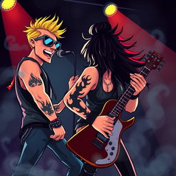 A vibrant cartoon scene featuring a rock singer and guitarist on stage