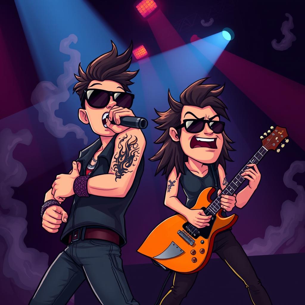 A vibrant cartoon scene featuring a rock singer and guitarist on stage