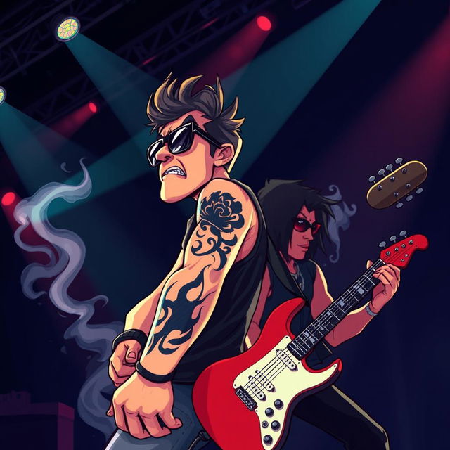 A vibrant cartoon scene featuring a rock singer and guitarist on stage