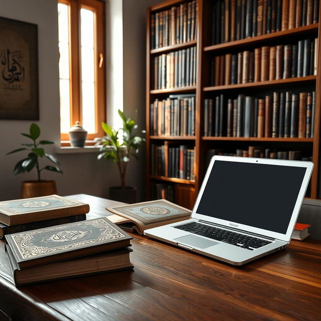 A cozy study scene featuring an open laptop on a wooden desk, surrounded by intricately designed Islamic books with ornamental covers