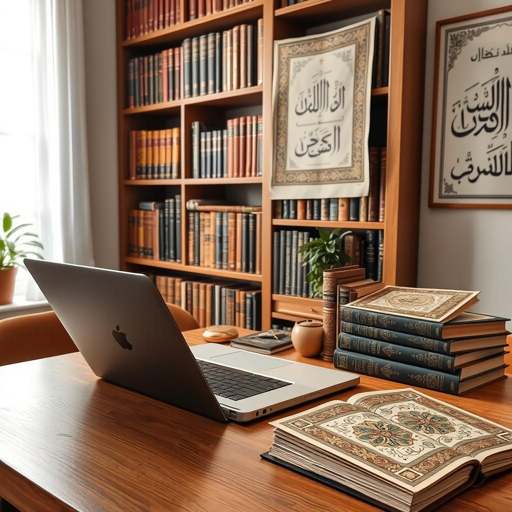 A cozy study scene featuring an open laptop on a wooden desk, surrounded by intricately designed Islamic books with ornamental covers