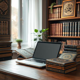 A cozy study scene featuring an open laptop on a wooden desk, surrounded by intricately designed Islamic books with ornamental covers