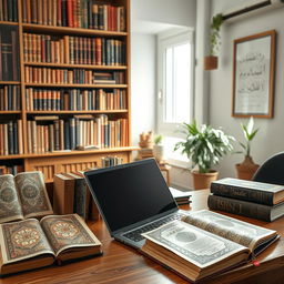 A cozy study scene featuring an open laptop on a wooden desk, surrounded by intricately designed Islamic books with ornamental covers