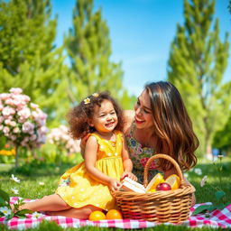 A heartwarming scene of a mother and her young daughter sharing a joyful moment at a park