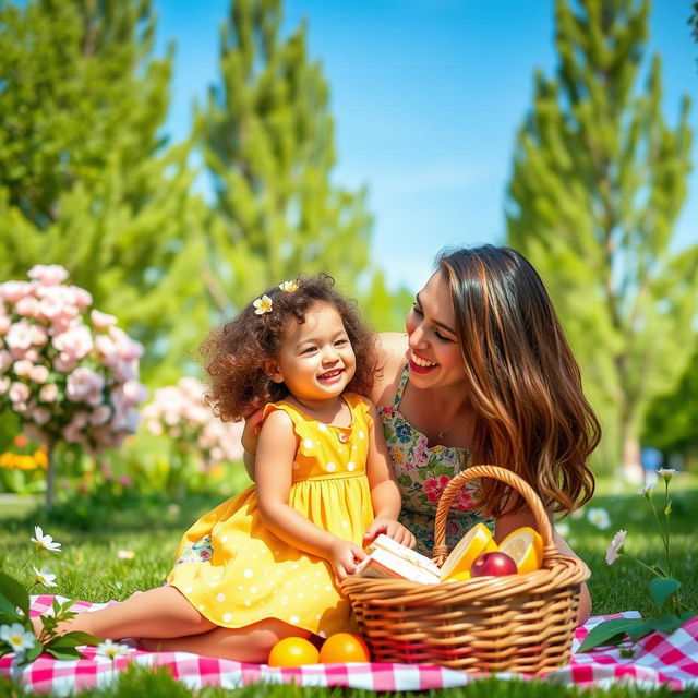 A heartwarming scene of a mother and her young daughter sharing a joyful moment at a park