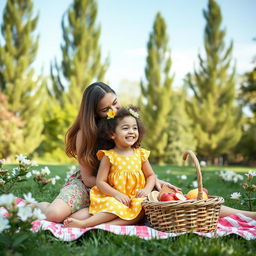 A heartwarming scene of a mother and her young daughter sharing a joyful moment at a park