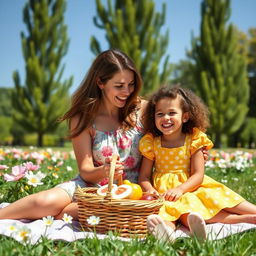 A heartwarming scene of a mother and her young daughter sharing a joyful moment at a park
