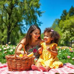 A heartwarming scene of a mother and her young daughter sharing a joyful moment at a park