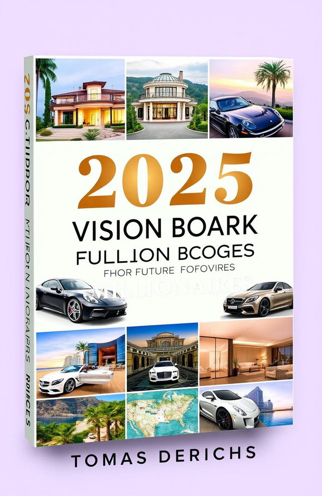 A book cover design for an Amazon Kindle book titled "2025 VISION BOARD CLIPART BOOK FOR FUTURE MILLIONAIRES" by author "TOMAS DERICHS"