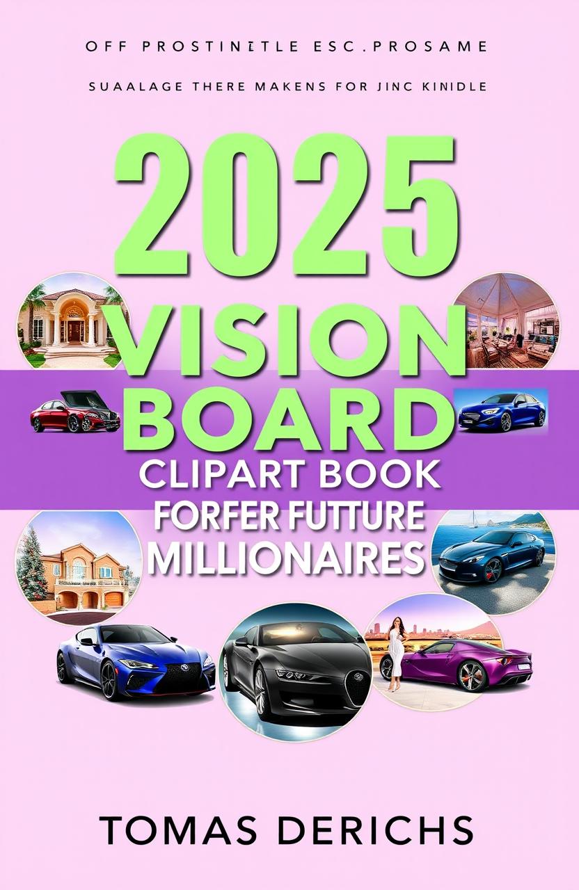 A book cover design for an Amazon Kindle book titled "2025 VISION BOARD CLIPART BOOK FOR FUTURE MILLIONAIRES" by author "TOMAS DERICHS"