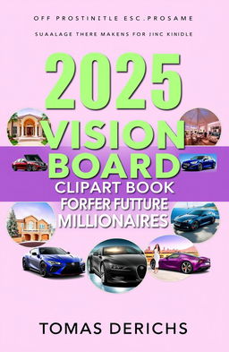 A book cover design for an Amazon Kindle book titled "2025 VISION BOARD CLIPART BOOK FOR FUTURE MILLIONAIRES" by author "TOMAS DERICHS"