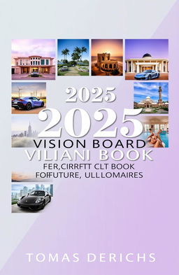 A book cover design for an Amazon Kindle book titled "2025 VISION BOARD CLIPART BOOK FOR FUTURE MILLIONAIRES" by author "TOMAS DERICHS"