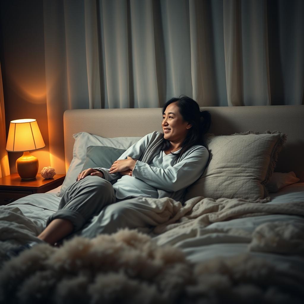 An intimate nighttime scene inside a softly lit bedroom, featuring a poor young Chinese man dressed in ragged clothes, lying on the bed while hugging his beautiful wife