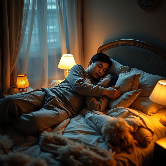 An intimate nighttime scene inside a softly lit bedroom, featuring a poor young Chinese man dressed in ragged clothes, lying on the bed while hugging his beautiful wife