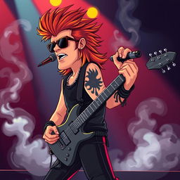A cartoon image depicting a rock singer and guitarist with a mullet hairstyle performing passionately on stage