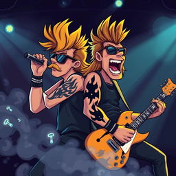 A cartoon image depicting a rock singer and guitarist with a mullet hairstyle performing passionately on stage