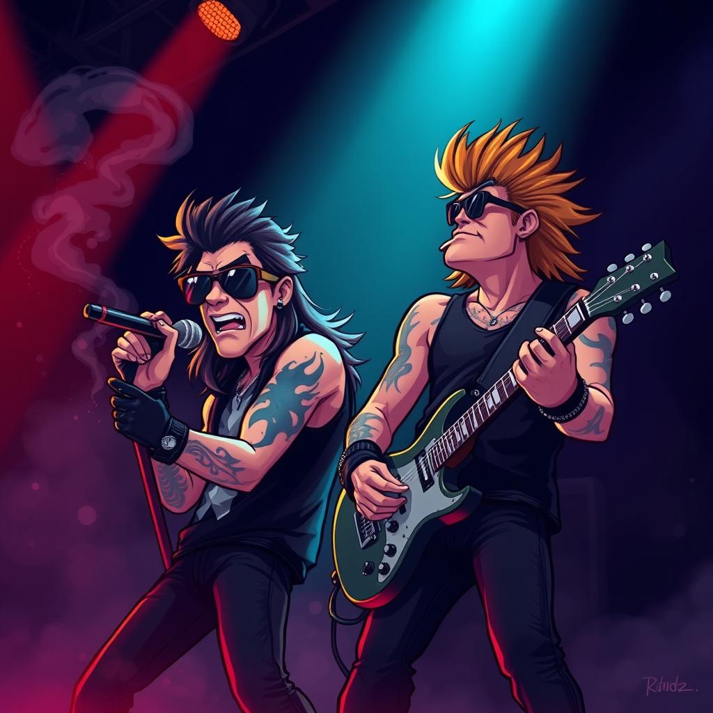 A cartoon image depicting a rock singer and guitarist with a mullet hairstyle performing passionately on stage