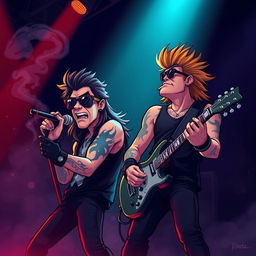 A cartoon image depicting a rock singer and guitarist with a mullet hairstyle performing passionately on stage