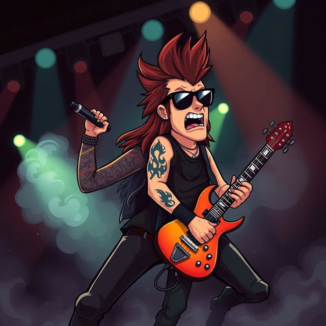 A cartoon image depicting a rock singer and guitarist with a mullet hairstyle performing passionately on stage