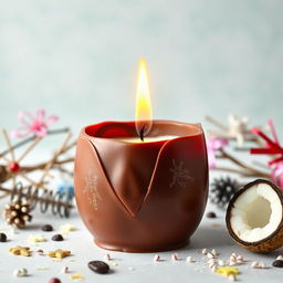 An artistic display of an edible candle, beautifully crafted with a smooth outer shell resembling luxurious chocolate