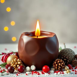 An artistic display of an edible candle, beautifully crafted with a smooth outer shell resembling luxurious chocolate