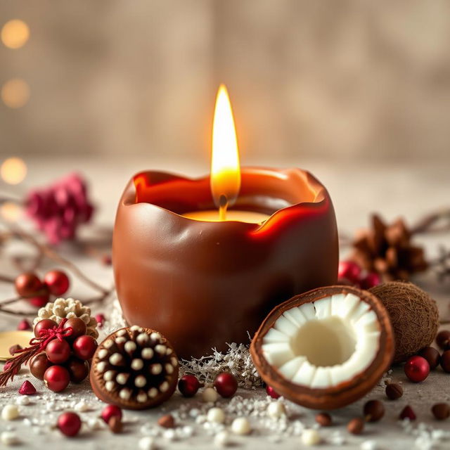 An artistic display of an edible candle, beautifully crafted with a smooth outer shell resembling luxurious chocolate