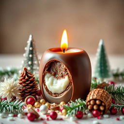 An artistic display of an edible candle, beautifully crafted with a smooth outer shell resembling luxurious chocolate