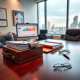 A formal office setting with a sleek wooden desk, polished and organized papers neatly stacked in a leather organizer