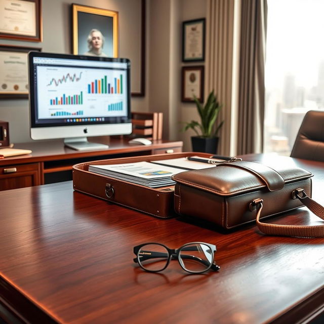 A formal office setting with a sleek wooden desk, polished and organized papers neatly stacked in a leather organizer