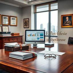 A formal office setting with a sleek wooden desk, polished and organized papers neatly stacked in a leather organizer