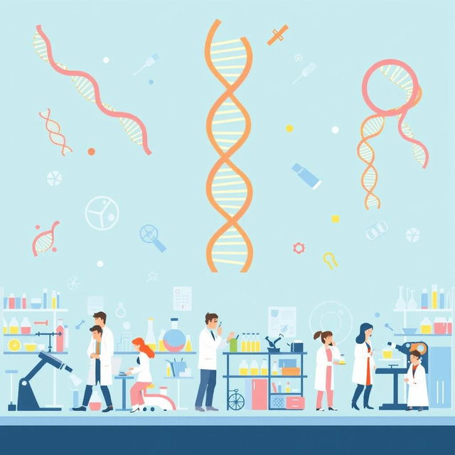 An advertising poster showcasing DNA and various laboratory equipment used for DNA replication, highlighting several scientists working in a modern laboratory environment