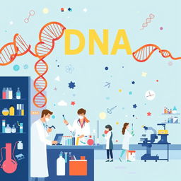 An advertising poster showcasing DNA and various laboratory equipment used for DNA replication, highlighting several scientists working in a modern laboratory environment