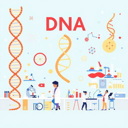 An advertising poster showcasing DNA and various laboratory equipment used for DNA replication, highlighting several scientists working in a modern laboratory environment