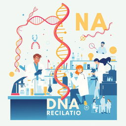 An advertising poster showcasing DNA and various laboratory equipment used for DNA replication, highlighting several scientists working in a modern laboratory environment
