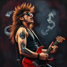 A painted image depicting a rock singer and guitarist with a mullet hairstyle passionately performing on stage