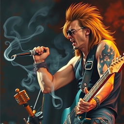 A painted image depicting a rock singer and guitarist with a mullet hairstyle passionately performing on stage