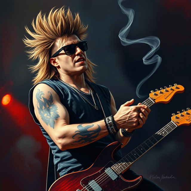 A painted image depicting a rock singer and guitarist with a mullet hairstyle passionately performing on stage